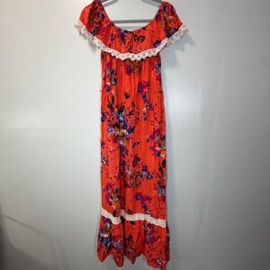 Umgee Orange Floral Off Shoulder Lace Trim Boho Maxi Dress Large